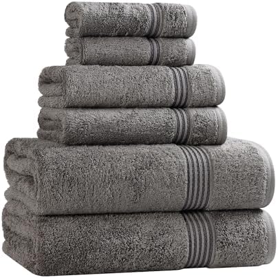 Superior Egyptian Cotton 6-Piece Towel Set, Assorted Towels for Home Bathroom, Master, Guest Bath, Decor Essentials, Includes 2 Bath, 2 Hand, 2 Face Towels/Washcloths, Quick Dry, Absorbent, Charcoal