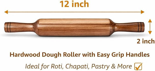 Hardwood Rolling Pin 12 Inch – Wooden Dough Roller with Easy Grip Handles | Traditional Belan for Roti, Chapati, Pastry, Pizza & Baking