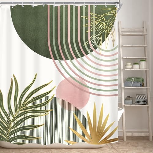 Mid Century Sage Green Pink Boho Abstract Bathroom Shower Curtain Set