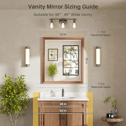 36x32 Inch Bathroom Mirror for Wall, Anti-Rust Walnut Wood Grain Metal Framed Bathroom Mirrors for Over Sink,Rectangler Mirrors for Bathroom Vanity, Farmhouse, Bedroom, Living Room, Entryway Decor