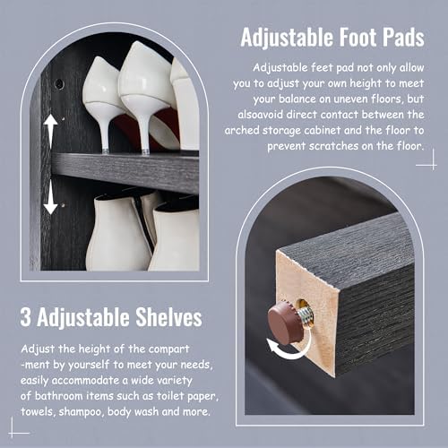 IFBUY 71" Tall Arched Bathroom Storage Cabinet, 8-Tier Modern Farmhouse Storage Cabinet with Adjustable Shelves, Wood Freestanding Cabinet for Bathroom, Living Room, Entryway, Hallway (Dark Grey)