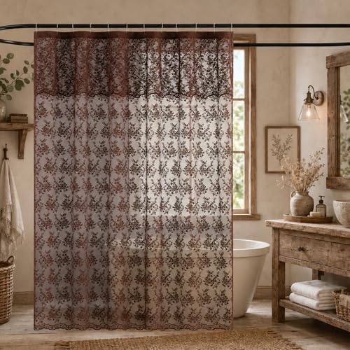 TUDECO Lace Brown Shower Curtain with Attached Valance, 72 x 72 Inch