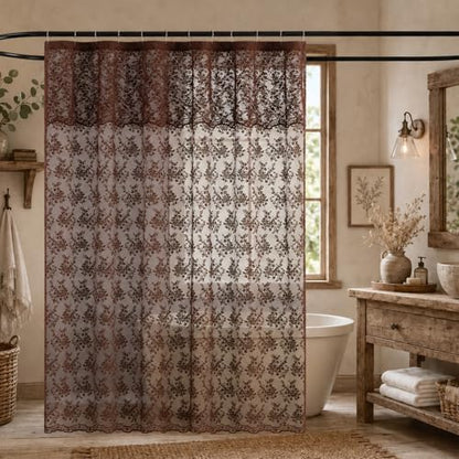 TUDECO Lace Brown Shower Curtain with Attached Valance, 72 x 72 Inch