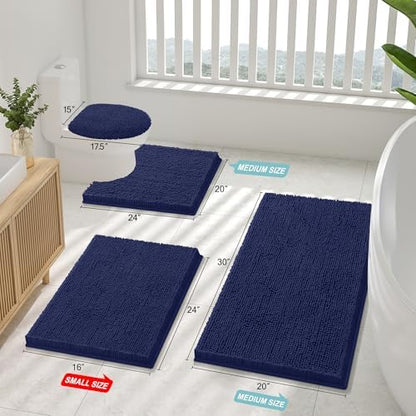 Smiry Chenille Bathroom Rugs Sets 2 Piece (24x16+ U Shape 24x20, Navy Blue)