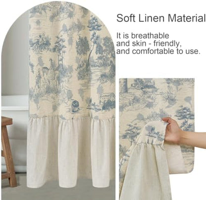 ORTIGIA Ruffle Linen Shower Curtain with Metal Hooks 72x72 Inch, Blue and White Toile de Jouy for Vintage French Country Waterproof Bathroom Decor Chateau Toile Pattern