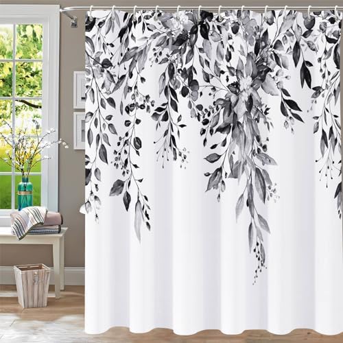 Shower Curtain Black and White Shower Curtains for Bathroom,Watercolor Leaf Shower Curtain Sets Waterproof Plant Eucalyptus Shower Curtain Leaves Bathroom Curtains 72x72 in with Hooks
