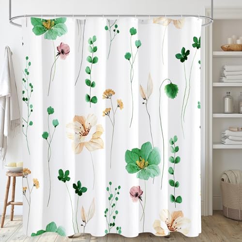 Gibelle Emerald Green Beige Watercolor Floral Fabric Shower Curtain, 72x72