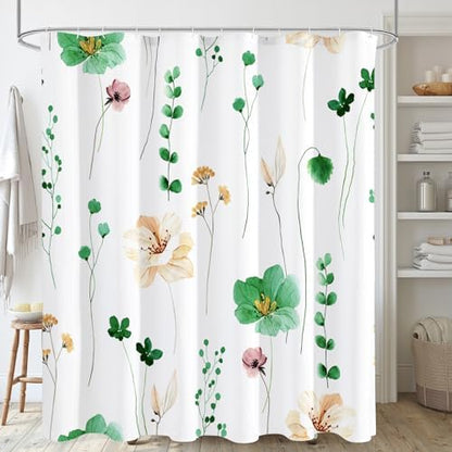 Gibelle Emerald Green Beige Watercolor Floral Fabric Shower Curtain, 72x72