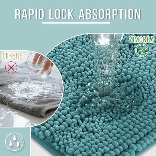 Yimobra Bathroom Rug Mat, Non Slip and Super Absorbent Bath Mat, Machine Washable Quick Dry, Ultra Plush Chenille Shower Rugs for Bathroom Floor Sink Tub and Shower Outside, Teal Blue, 24 x 17