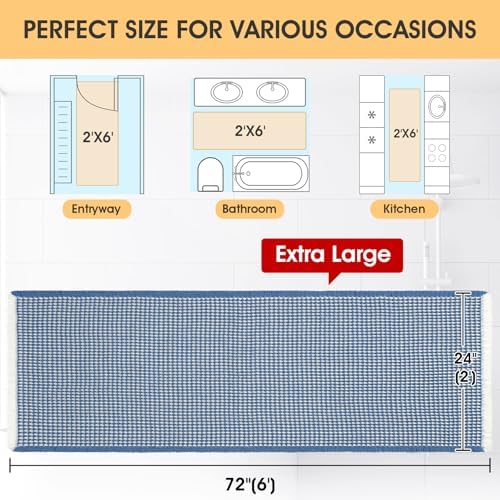 Extra Large Waffle Bath Mat Blue & Cream 6'x2', Boho Woven Modern Bath Mat Rugs, Absorbent Non Slip Bathroom Rugs, Soft Washable Bath Rugs with Tassels for Bathroom, Bedroom, Kitchen, Shower, Tub