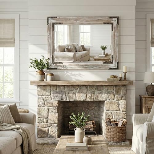 Distressed White 24x36 Inch Wood Bathroom Vanity Mirror, Rivets
