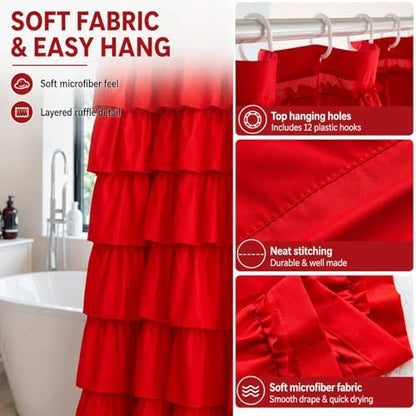 Red Ruffle Shower Curtain for Bathroom, 72x72, Cottagecore Rural Farmhouse