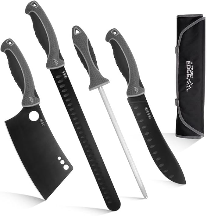 OUTDOOR EDGE ErgoMax Meat Carver Knife Set - Includes Cleaver, Brisket, Butcher & Honing Steel, Premium Titanium-Coated Steel Blades, Non-Slip Rubber Handles, Sharpening Rod