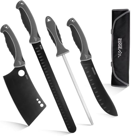 OUTDOOR EDGE ErgoMax Meat Carver Knife Set - Includes Cleaver, Brisket, Butcher & Honing Steel, Premium Titanium-Coated Steel Blades, Non-Slip Rubber Handles, Sharpening Rod