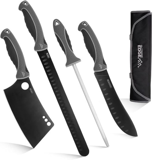 OUTDOOR EDGE ErgoMax Meat Carver Knife Set - Includes Cleaver, Brisket, Butcher & Honing Steel, Premium Titanium-Coated Steel Blades, Non-Slip Rubber Handles, Sharpening Rod