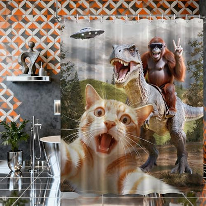 Extra Tall Shower Curtain XL Fun Cat Riding Dinosaur, 70 x 96 Inchs