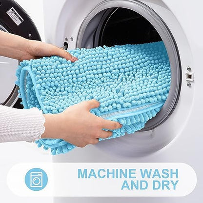 Grandaily Chenille Striped Bathroom Rugs 36x24, Extra Thick and Absorbent Bath Mats, Non-Slip Soft Plush Shaggy Shower Carpet, Machine Wash Dry, Bath Rug for Bathroom, (Large, Blue)