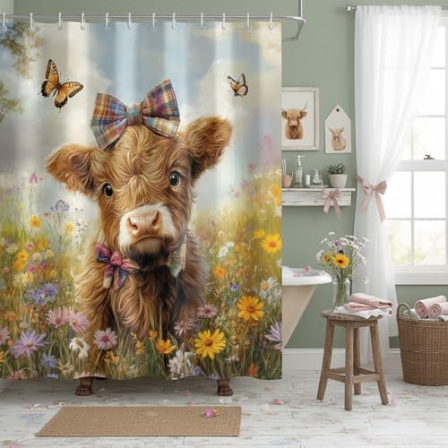 Cow Shower Curtain, Farmhouse Rustic Floral Funny Cute Highland Cow Shower Curtains, Western Cattle Bull Animal Wildflower Country Farm Animal Bathroom Decor, Surreal Bathroom Curtain, 36x72 inch