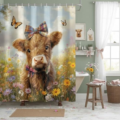 Cow Shower Curtain, Farmhouse Rustic Floral Funny Cute Highland Cow Shower Curtains, Western Cattle Bull Animal Wildflower Country Farm Animal Bathroom Decor, Surreal Bathroom Curtain, 54x72 inch