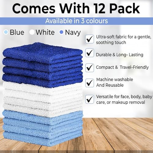 QUBA LINEN 100% Cotton Washcloth Set – Soft, Absorbent Face Towels for Bathroom & Gym Use – Durable & Reusable Wash Cloths - (Blue, White and Navy (12x12), (Pack of 12)