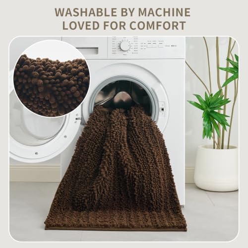 Bathroom Rugs Non Slip Washable 60x24, Extra Thick Soft Chenille Absorbent Bath Mat, High Density Barrier Non Slip Backing, Quick Dry Plush Shaggy Floor Carpet for Tub&Shower, Brown