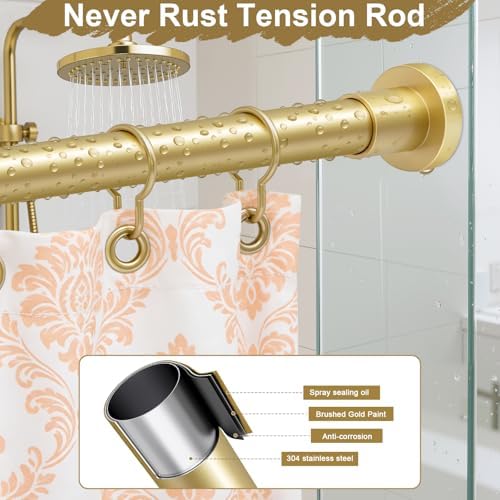 YNL Gold Shower Curtain Rod 32-80 Inch(2.7-6.6ft), Non Slip, Never Rust, No Drill Stainless Steel Spring Tension Shower Rod, Adjustable Tension Rod for Bathroom (Pack of 2)