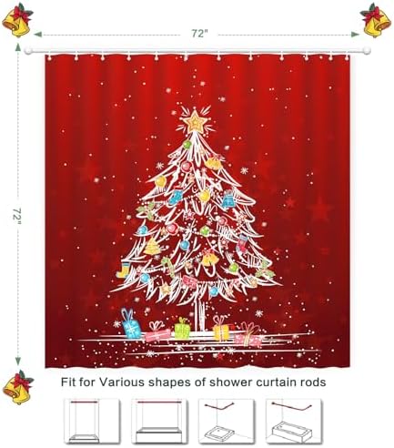Shower Curtain Christmas, Holiday Shower Curtain Red Christmas Tree Candy Cane Stocking Jingle Bells Bulb Winter ShowerCurtain Waterproof Fabric Machine Washable Home Farmhouse Decor Bath Curtains