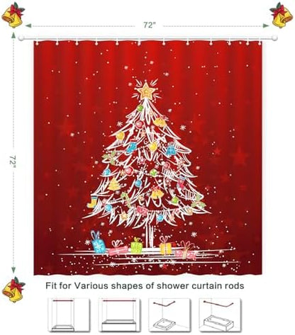 Shower Curtain Christmas, Holiday Shower Curtain Red Christmas Tree Candy Cane Stocking Jingle Bells Bulb Winter ShowerCurtain Waterproof Fabric Machine Washable Home Farmhouse Decor Bath Curtains