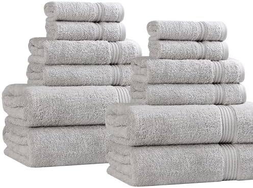 Superior Egyptian Cotton 12-Piece Towel Set, Assorted Towels for Home Bathroom, Guest Bath Decor Essentials, Includes 4 Bath, 4 Hand, 4 Face Towels/Washcloths, Quick Dry, Absorbent - Silver