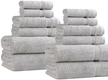 Superior Egyptian Cotton 12-Piece Towel Set, Assorted Towels for Home Bathroom, Guest Bath Decor Essentials, Includes 4 Bath, 4 Hand, 4 Face Towels/Washcloths, Quick Dry, Absorbent - Silver
