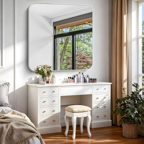 Silver Bathroom Mirror, 36 x 36 Inch Square Mirrors for Wall, Aluminum Metal Framed Vanity Mirror, Rounded Corner Wall Mounted Mirror for Over Sinks Living Room Bedroom Entryway