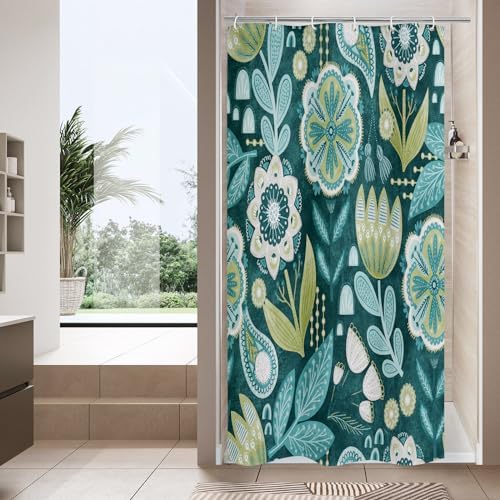 Boho Floral Shower Curtain, Deep Teal Botanical Fabric Curtain, 36 x 72