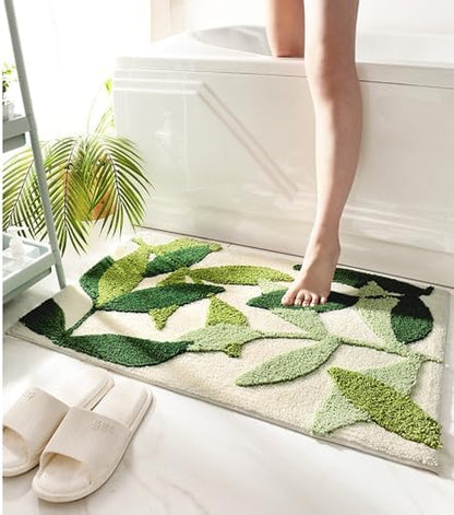 Green Leaves Bath Mats Bathroom Rugs Set 2 Piece Non-Slip Soft Microfiber Absorbent Machine Washable Entrance Doormat Boho Carpet for Bathroom Floor Tub Shower (17.5 X 25.5+19.5 X 31.5 Inches)