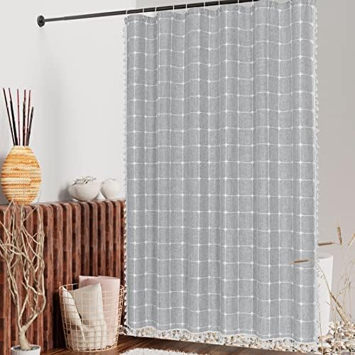 Boho Farmhouse Classic Plaid Linen Tassel Shower Curtain Tan Brown,72x84