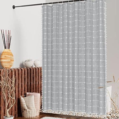 Boho Farmhouse Classic Plaid Linen Tassel Shower Curtain Tan Brown,72x84