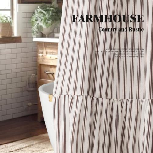 Farmhouse Shower Curtain Ruffle Linen White-Brown Stripe 72"W x 72"L