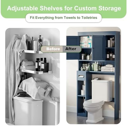 Over The Toilet Storage Cabinet with 7 Shelves, Imitation Walnut Grain Above Toilet Bathroom Organizer with Toilet Paper Holder Stand, Space Saver for Restroom, Laundry, Bathroom (Navy Blue)