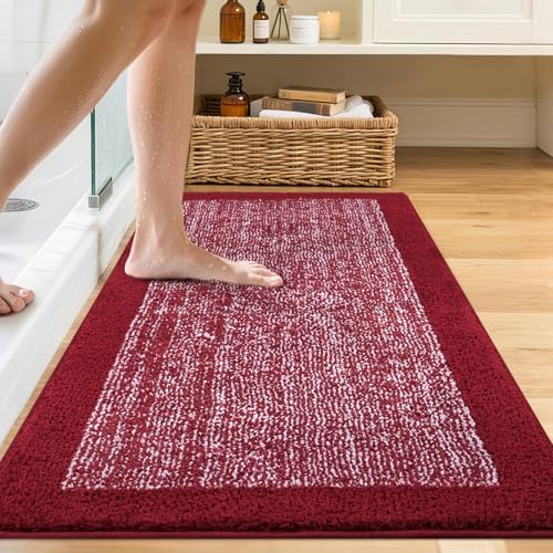 48x24 Long Bathroom Rugs Non Slip Washable, Soft Absorbent Bath Mat Red