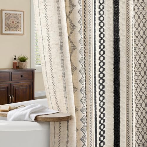 Black Boho Linen Shower Curtain,72" W x 72" L