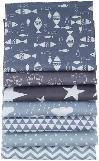 AMORNPHAN Cats Kitten Fish Star Cloud Animal Cartoon Pattern Printed 100% Cotton Quilting Fabric for Patchwork Needlework DIY Sewing Crafting Precut Face Mask 16x20 Inches (Set of 7 Pieces) 40x50 cm.