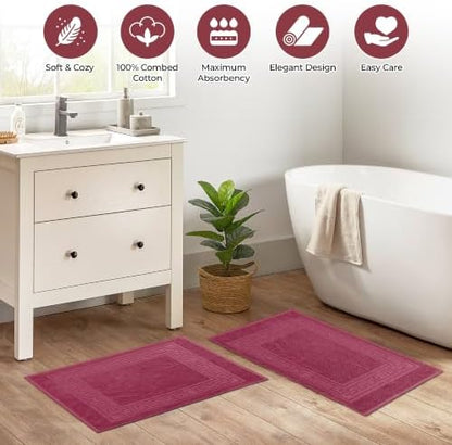 Superior Heavyweight Cotton Bath Mats, 2-Piece Rugs For Bathroom Accessories, Washable Rug For Shower, Toilet, Modern Decor, No Backing, Luxury Hotel And Spa Quality, Set of 2, 22" x 35", Burgundy