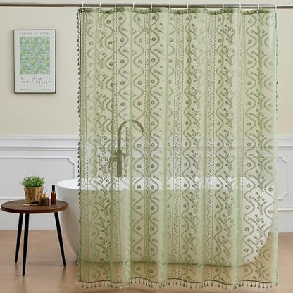 WAZZIO Sage Green Lace Shower Curtain - Vintage Pretty Floral Sheer Shower Curtains, Elegant Decorative Tassel Bath Curtains for Bathroom, 72 x 90 Inch, 1 Piece