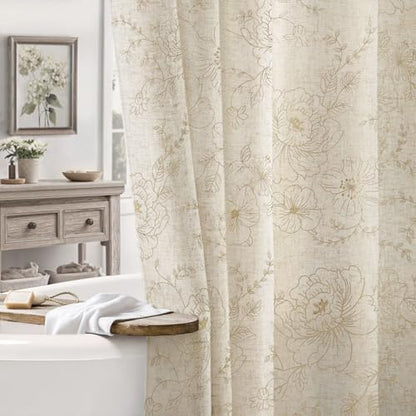 Farmhouse Floral Vintage Shower Curtain for Bathroom, Beige Embroidered