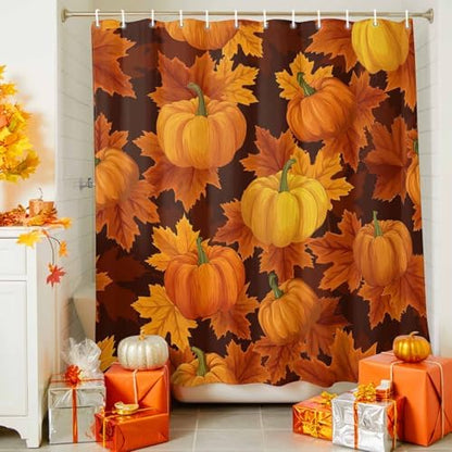 Shower Curtain Bathroom Set Thanksgiving Pumpkin Fall Orange Maple Leaf Waterproof Shower Curtains with Grommets Hooks Autumn Watercolor Leaves Privacy Bath Curtain for Bathtub Decor 48x72in