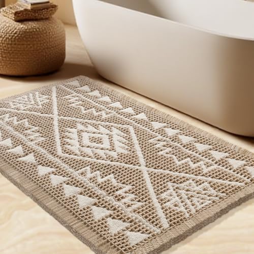 Waffle Bath Mat, Boho Woven Modern Bath Rug Absorbent Non Slip, Ultra Soft Bathroom Mats, Machine Washable Knit Bath Rugs with Triangle Border for Bathroom, Bedroom, Kitchen, 36"x24", Beige & White