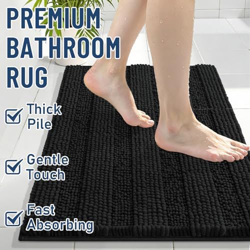 Grandaily Chenille Striped Bathroom Rugs 59x35, Extra Thick and Soft Absorbent Bath Mats, Rubber Backing, Plush Shaggy Shower Carpet, Machine Wash Dry, Bath Rug for Bathroom, Deep Black