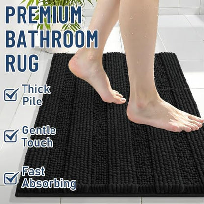 Grandaily Chenille Striped Bathroom Rugs 59x35, Extra Thick and Soft Absorbent Bath Mats, Rubber Backing, Plush Shaggy Shower Carpet, Machine Wash Dry, Bath Rug for Bathroom, Deep Black