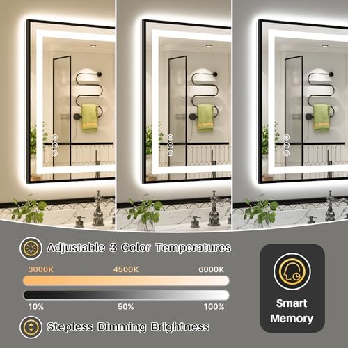 44x36 Inch LED Bathroom Mirror with Black Frame, Backlit & Front Lit
