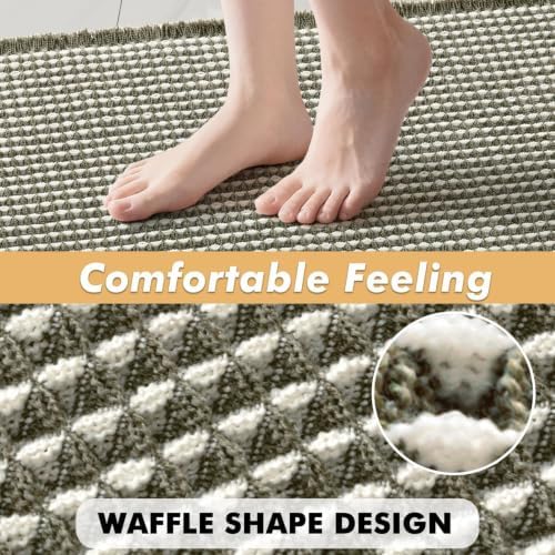 MIULEE Set of 2 Waffle Bathroom Rugs Green&Cream Bath Mat 17"x24"+17"x48"