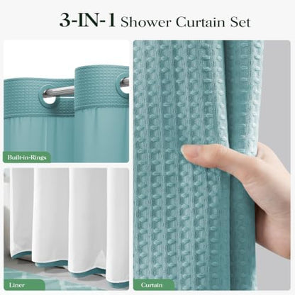 Dynamene Teal Hook Free Waffle Shower Curtain & Snap-in Fabric Liner,72x87